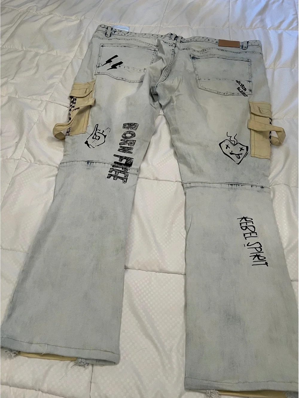 NEW SMOKE RISES 48” x 32” Acid washed distressed graffiti pockets writing jeans